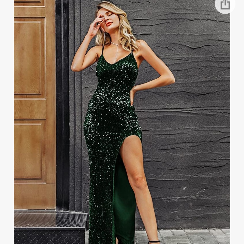 Glitter forest green high slit evening dress
